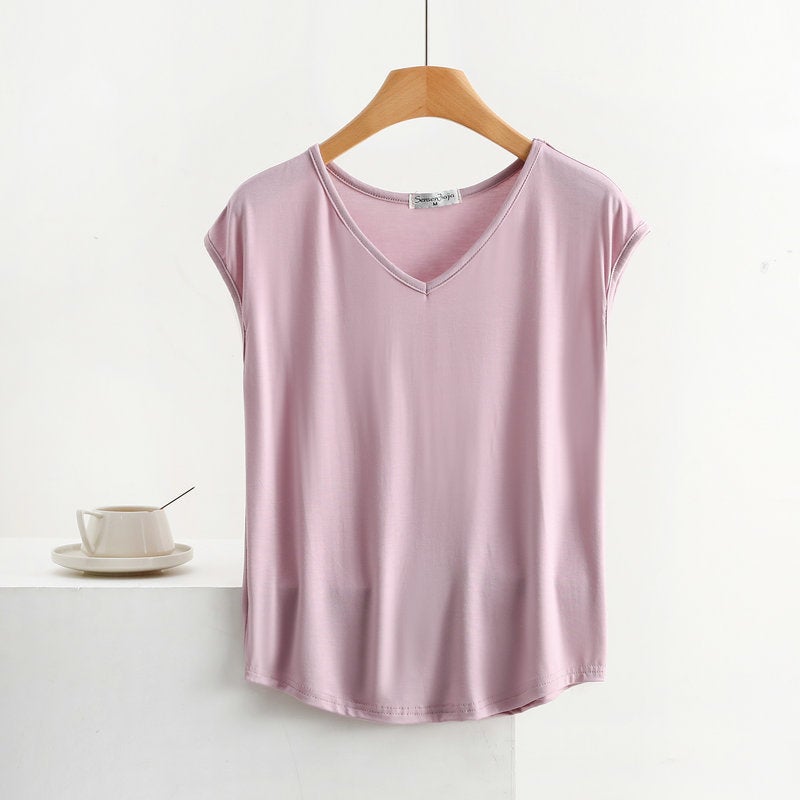 Summer Thin Modal Sleeveless T-Shirt Women's V Neck Small Sleeve Top Loose Large Size Vest Casual Pure Color Bottoming Shirt - Image 1