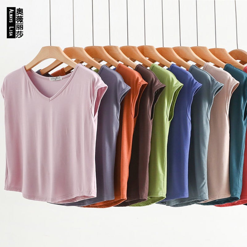 Summer Thin Modal Sleeveless T-Shirt Women's V Neck Small Sleeve Top Loose Large Size Vest Casual Pure Color Bottoming Shirt - Image 2