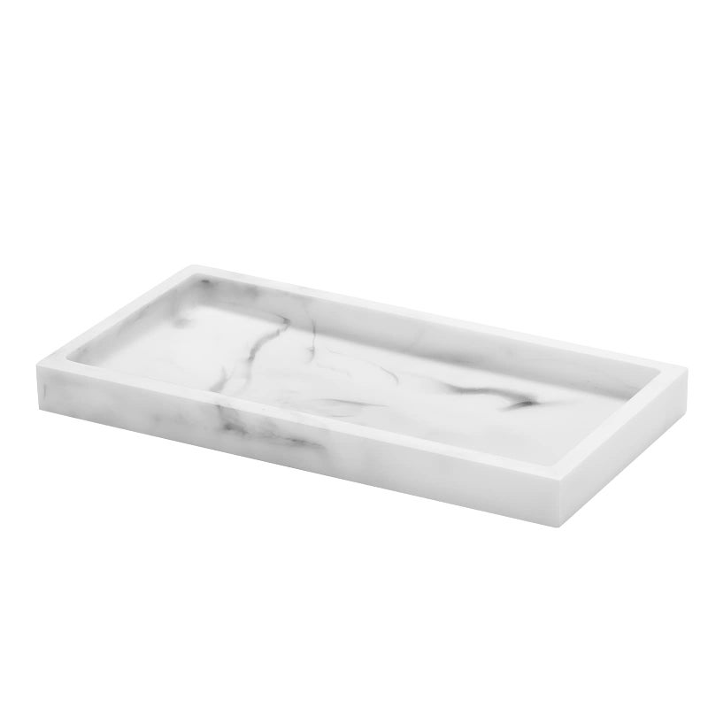 Luxspire Bathroom Vanity Tray, 8 x 4 inch Resin Kitchen Sink Tray for Soap Dispenser Bathroom Countertop Organizer Plate Holder for Perfume Soap Towel Bathroom Accessories, Mini, White Marble - Image 1