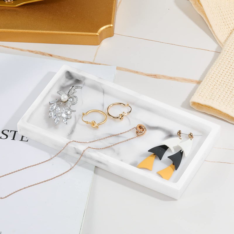 Luxspire Bathroom Vanity Tray, 8 x 4 inch Resin Kitchen Sink Tray for Soap Dispenser Bathroom Countertop Organizer Plate Holder for Perfume Soap Towel Bathroom Accessories, Mini, White Marble - Image 4