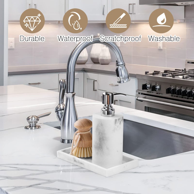 Luxspire Bathroom Vanity Tray, 8 x 4 inch Resin Kitchen Sink Tray for Soap Dispenser Bathroom Countertop Organizer Plate Holder for Perfume Soap Towel Bathroom Accessories, Mini, White Marble - Image 2