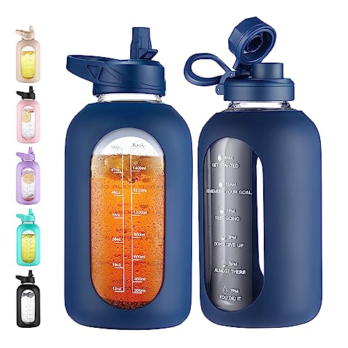 CIVAGO 64 oz Glass Water Bottle Jug with Straw and Handle, Half Gallon Sports Motivational Bottle with Time Marker and 2 Lids, Large Flask Canteen with Silicone Sleeve for Gym, Navy - Image 1