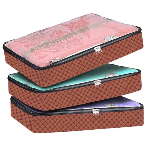 PulGos 3Pcs Non-Woven Saree Covers/Storage Bags with Zip Cover/Space Saving Transparent top window/Wardrobe-Cupboard Organizer/Holds 4 to 5 Sarees Each/Saree bags (Brown) - Image 1