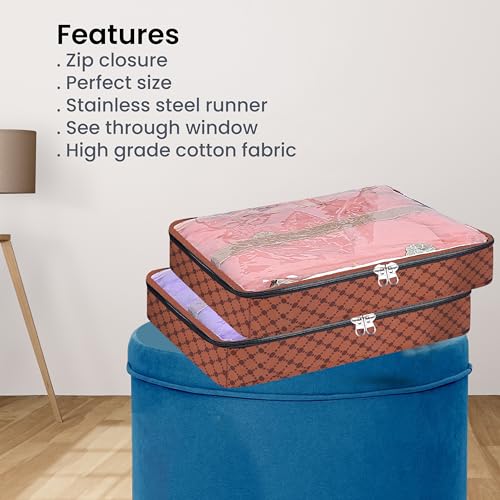 PulGos 3Pcs Non-Woven Saree Covers/Storage Bags with Zip Cover/Space Saving Transparent top window/Wardrobe-Cupboard Organizer/Holds 4 to 5 Sarees Each/Saree bags (Brown) - Image 2