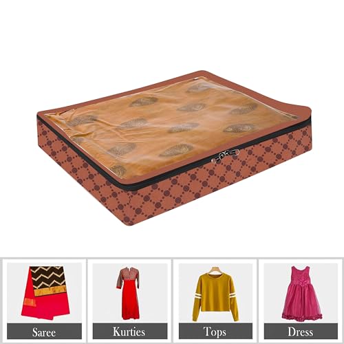 PulGos 3Pcs Non-Woven Saree Covers/Storage Bags with Zip Cover/Space Saving Transparent top window/Wardrobe-Cupboard Organizer/Holds 4 to 5 Sarees Each/Saree bags (Brown) - Image 4