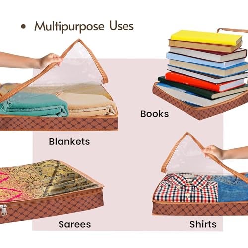 PulGos 3Pcs Non-Woven Saree Covers/Storage Bags with Zip Cover/Space Saving Transparent top window/Wardrobe-Cupboard Organizer/Holds 4 to 5 Sarees Each/Saree bags (Brown) - Image 5