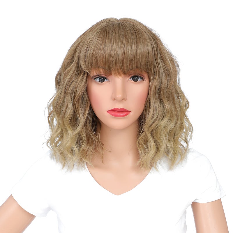 SWACC 12 Inch Short Curly Wavy Bob Wig with Bangs Synthetic Hair Wig for Women with Wig Cap Light Brown Beige Ombre