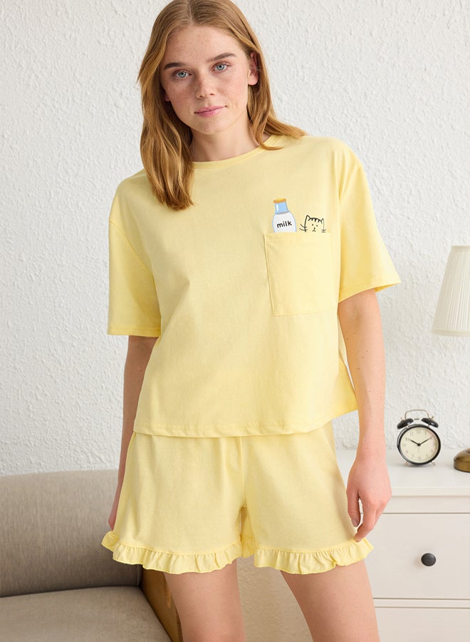 trendyol Yellow Plain Ruffle Jersey Knitted Pajama Set THMSS22PT0422 - Image 1