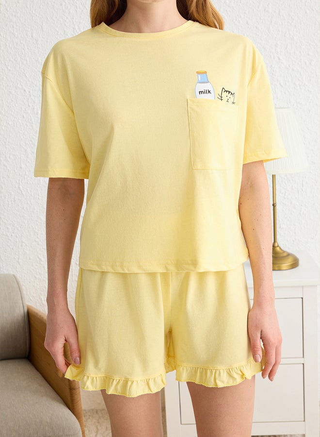 trendyol Yellow Plain Ruffle Jersey Knitted Pajama Set THMSS22PT0422 - Image 3