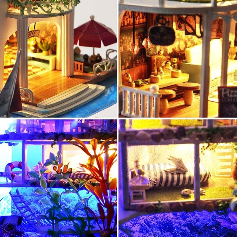 طقم منزل دمى مصغر DIY â1:24 مقياس فيلا حديثة بجوار الشاطئ مع أثاث LED غطاء غبار âهدية حرفية للأطفال في عيد الميلاد وزينة المنزل انطباع هاواي - Image 2