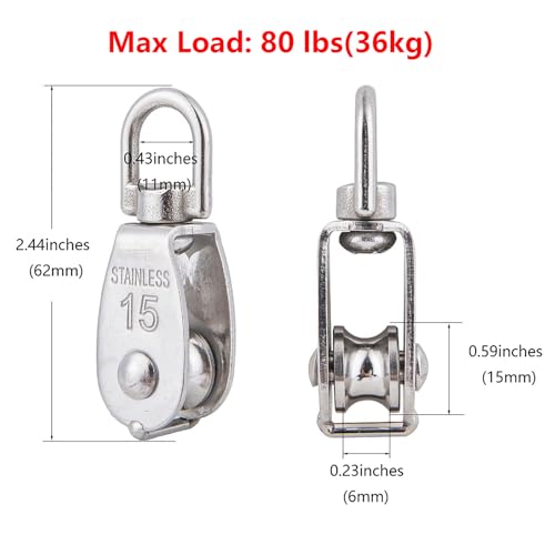 Cadbibe 2Pcs 304 Stainless Steel M15 Single Pulley Block, Wire Rope Hanging Wire Towing Wheel, with 2Pcs Spring Snap Hook - Image 4