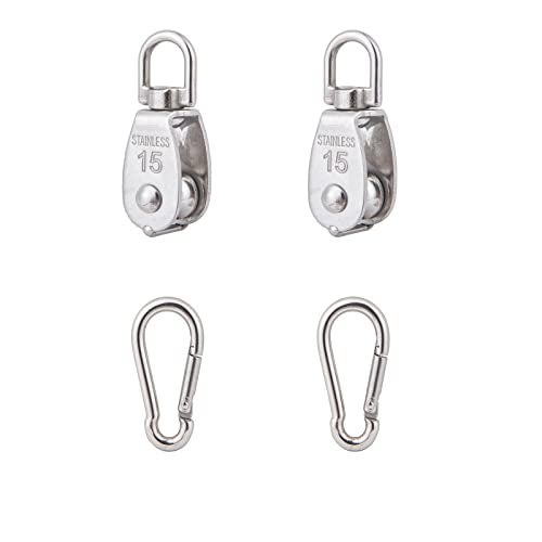 Cadbibe 2Pcs 304 Stainless Steel M15 Single Pulley Block, Wire Rope Hanging Wire Towing Wheel, with 2Pcs Spring Snap Hook - Image 1