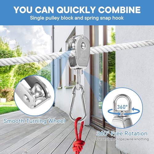 Cadbibe 2Pcs 304 Stainless Steel M15 Single Pulley Block, Wire Rope Hanging Wire Towing Wheel, with 2Pcs Spring Snap Hook - Image 2