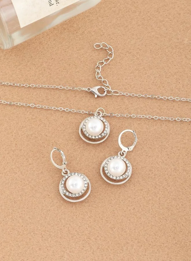تايك تو Pack of 3 - Silver Tone Pearls and Rhinestone Embellished Necklace and Earrings