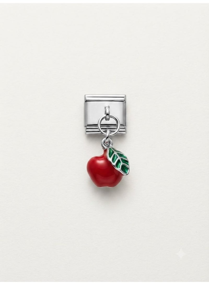 Apple Charm Pendant with Red Enamel and Green Leaf for Bracelet