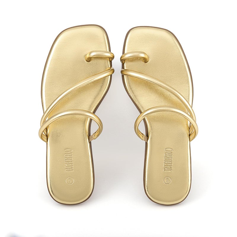 Rihero Women's Slide Sandals Strappy Beach Thong Flat Sandals Square Toe Comfortable Dressy Summer Slip On Flip Flops Gold Size 8 - Image 5