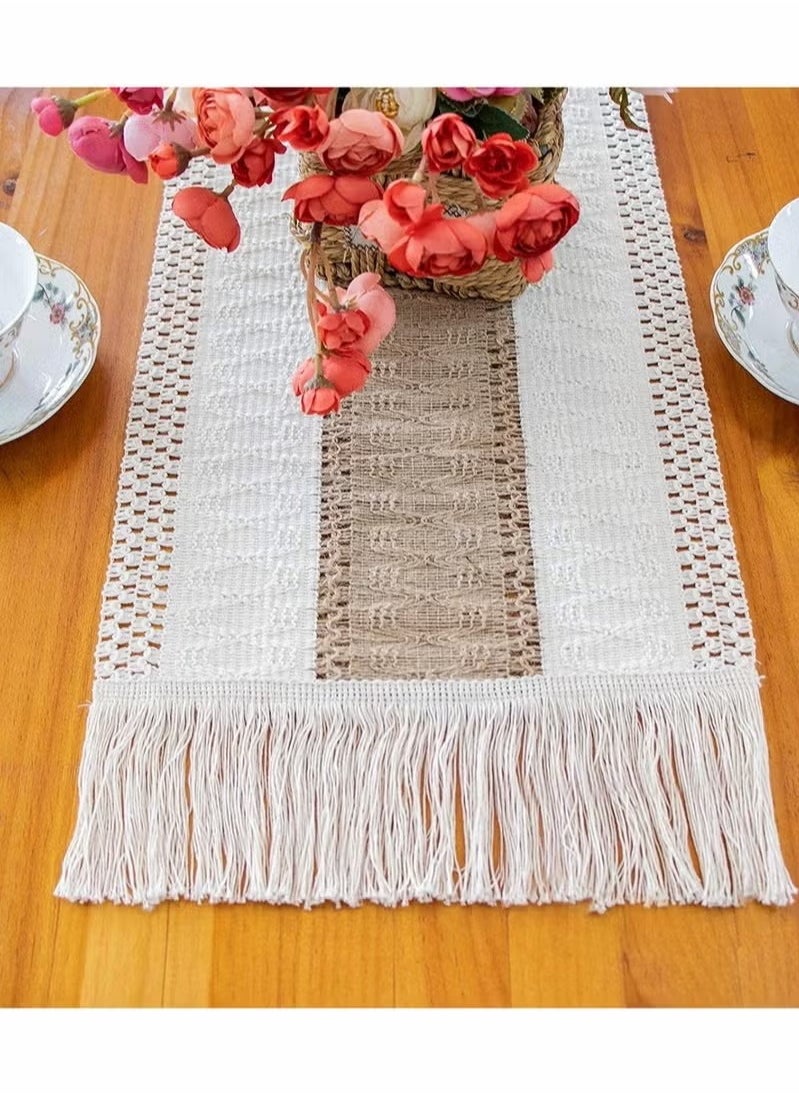 Generic Natural Burlap Table Runner, Modern Farmhouse Decor Rustic Woven Cotton Crochet Lace  - Image 3