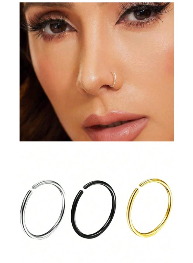 3Pcs Nose Rings Hoops For Women/Men, 22 Gauge 8mm Small Thin Nose Piercing Jewelry,Tiny Septum Cartilage Helix Tragus Earrings Hoops Gold Silver Black - Image 1