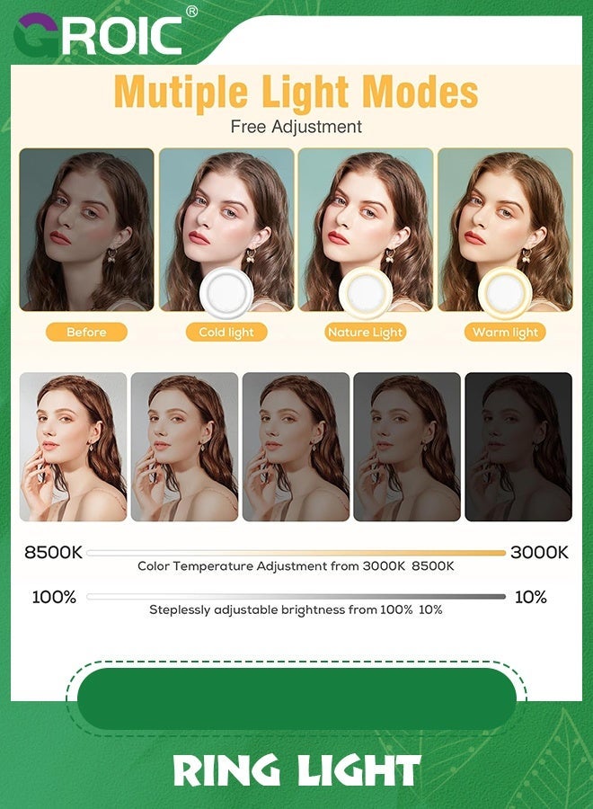 Ring Light, 3 Light Mode Selfie Rechargeable Large Capacity Battery Portable 60 LED Adjustable Brightness Clip on for Phone, iPad, Laptop, Makeup, TikTok, Photography, Vlog, YouTube