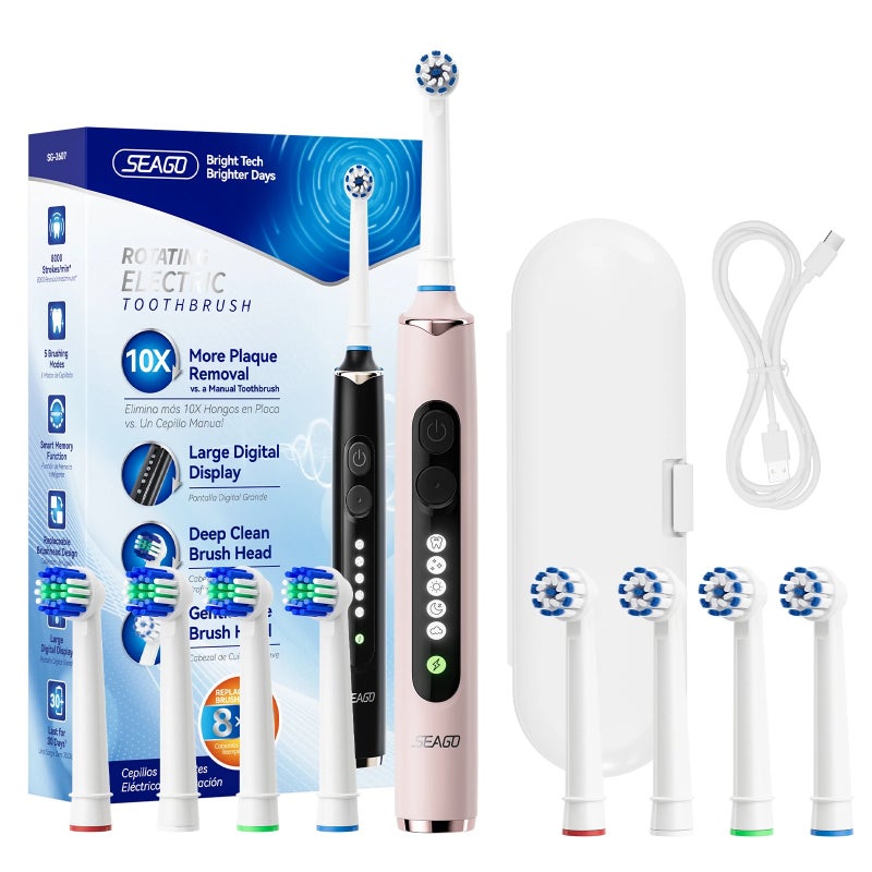 سيجو فرشاة أسنان كهربائية Seago Rotating Electric Toothbrush for Adults with 8 Heads and Travel Box Smart Display 5 Modes Waterproof SG-2607 - Image 1