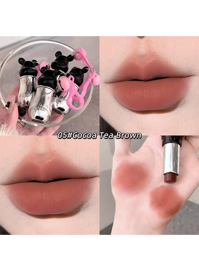 Gege Bear Cute Mist Crayon Lipstick | Soft-Fog Matte Finish | Collectible Bear-Head Cap with Pink Keychain Charm | Shades Including Light Pink, Nude & Brown | Moisturizing Lip with Lip Care Formula | Long-Lasting Lipstick for Women & Girls (05# Cocoa Tea Brown, 3.5g) - Image 4