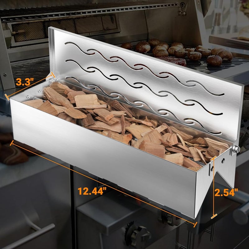 Skyflame Wood Chip Smoker Box, Stainless Steel Double V-shape BBQ Smoke Box with Hinged Lid for Charcoal & Propane Gas Grill, 12.5"(L) x 3.3"(W) x 2.5"(H), U.S. Design Patent - Image 2