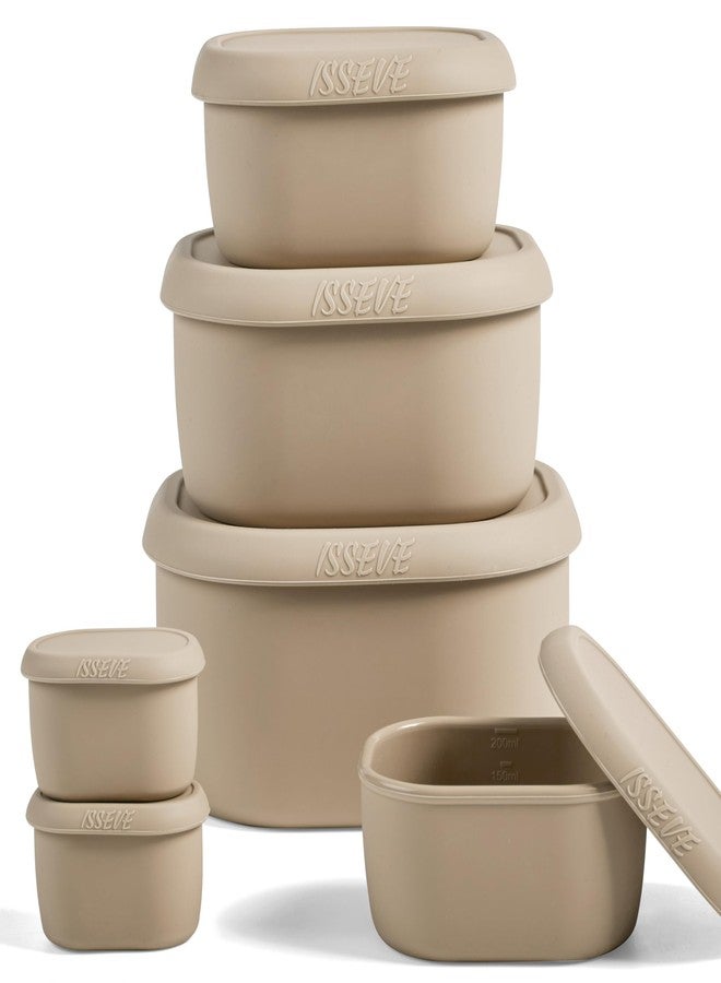 ISSEVE 6Pcs/Set Nesting Silicone Food Storage Containers with Lids, BPA Free Reusable Meal Prep Silicone Containers Lunch Box Bento Box Set (33.8oz, 20oz, 10oz, 6.7oz, 1.3oz) (Beige) - Image 1