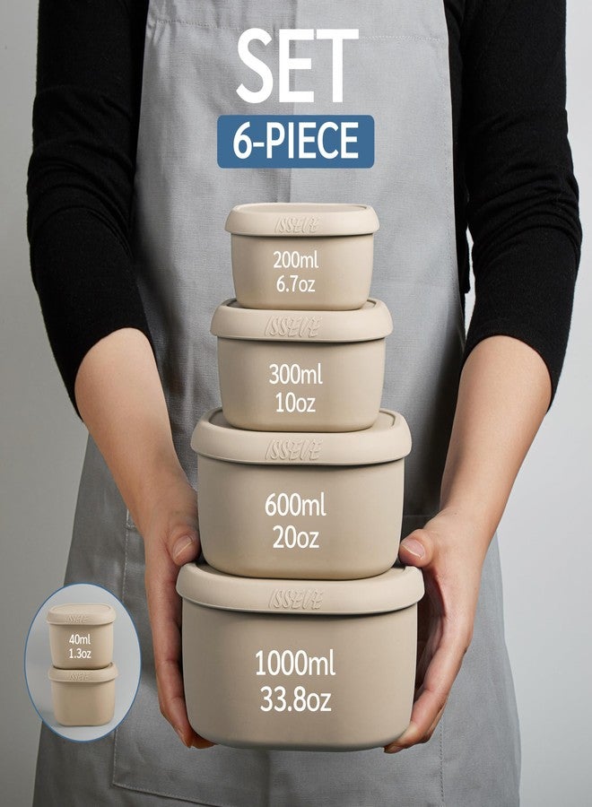 ISSEVE 6Pcs/Set Nesting Silicone Food Storage Containers with Lids, BPA Free Reusable Meal Prep Silicone Containers Lunch Box Bento Box Set (33.8oz, 20oz, 10oz, 6.7oz, 1.3oz) (Beige) - Image 3