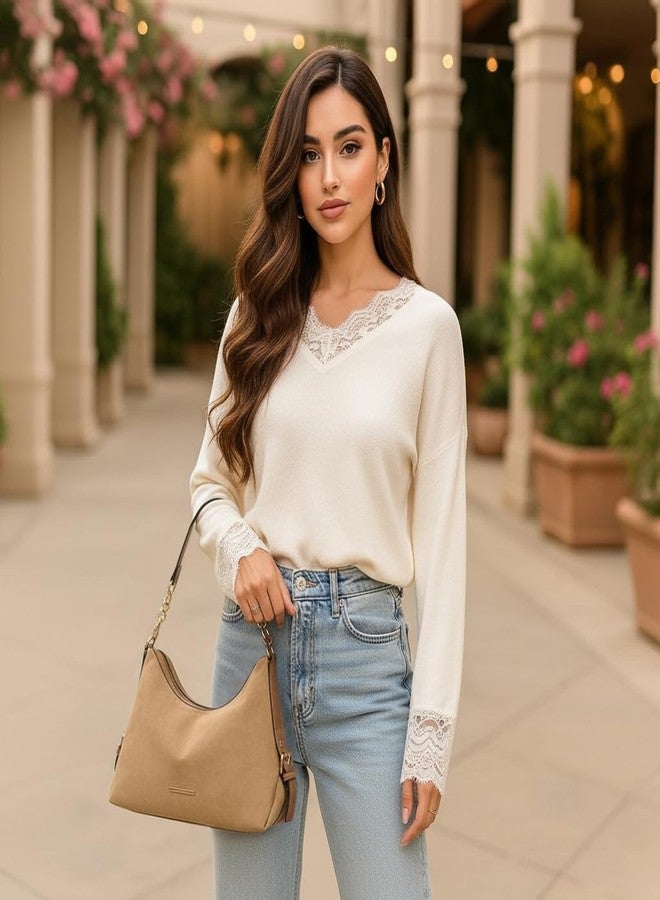 Dasein Essentia Womens Retro Hobo Bag Trendy Shoulder Purse Multi-Pocket Handbags Tote for Work/Shopping/Travel (Suede Khaki) - Image 2