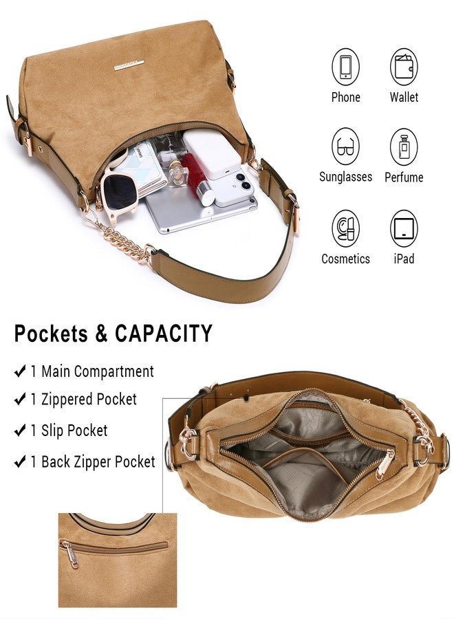 Dasein Essentia Womens Retro Hobo Bag Trendy Shoulder Purse Multi-Pocket Handbags Tote for Work/Shopping/Travel (Suede Khaki) - Image 5