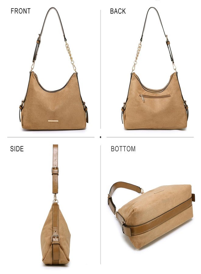 Dasein Essentia Womens Retro Hobo Bag Trendy Shoulder Purse Multi-Pocket Handbags Tote for Work/Shopping/Travel (Suede Khaki) - Image 3