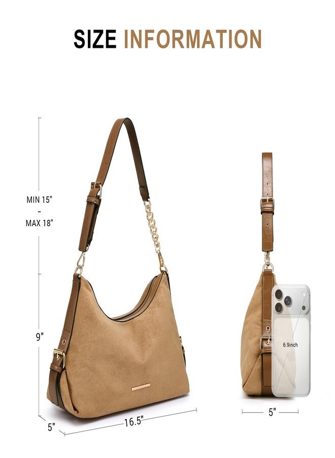 Dasein Essentia Womens Retro Hobo Bag Trendy Shoulder Purse Multi-Pocket Handbags Tote for Work/Shopping/Travel (Suede Khaki) - Image 4