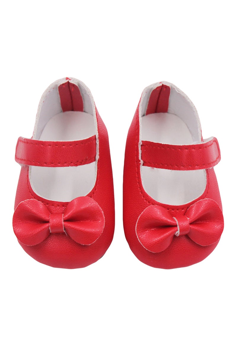 حذاء دمية أحمر مزين بفيونكة، مقاس 7 سم، مناسب للدمى الأمريكية مقاس 18 بوصة، مصنوع من جلد البولي يوريثان، يناسب دمى الأطفال حديثي الولادة مقاس 43 سم.