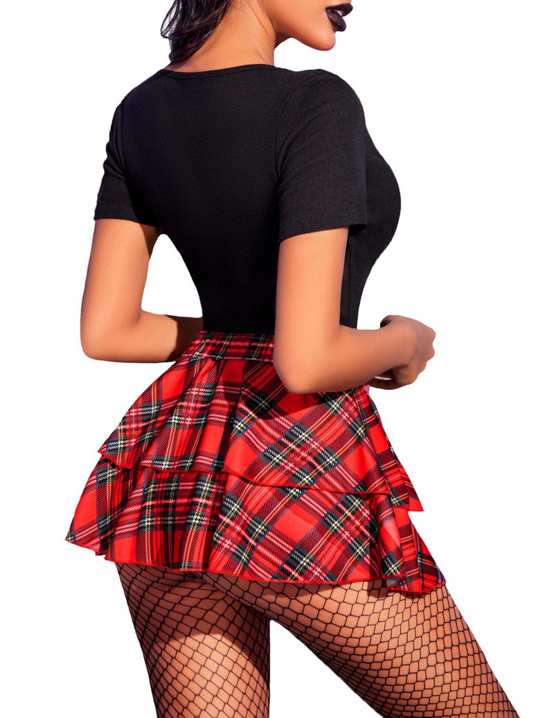 Avidlove Women Pleated Mini Skirt Solid Ruffle Lingerie Skirts Red Plaid - Image 5