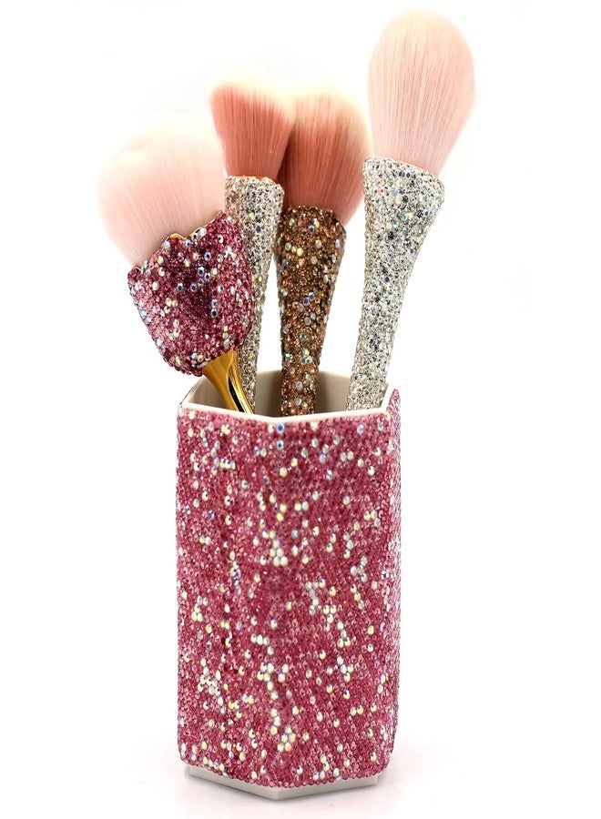 بيست بلينغ منظم فرش مكياج فاخر من Bestbling، مزين بأحجار الراين الكريستالية - منظم مكتب أنيق ولامع لمحبي البريق (وردي) - Image 1