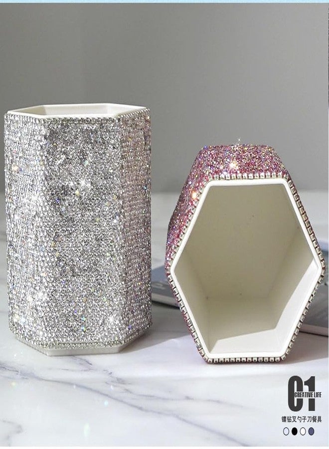 بيست بلينغ منظم فرش مكياج فاخر من Bestbling، مزين بأحجار الراين الكريستالية - منظم مكتب أنيق ولامع لمحبي البريق (وردي) - Image 5