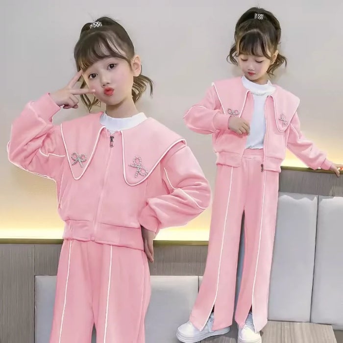 Girls Korean-style Solid Color suit for Middle and Big Kids Spring and Autumn New Style Trendy Doll Collar Cardigan Top Wide Leg Pants Two-piece Set Pink