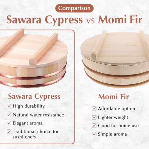 TIKUSAN Wooden Hangiri Sushi Rice Mixing Tub Copper Band with Lid Made in Japan Made of Sawara Cypress Sushi Rice Bowl with Lid Sushi Oke (11.8" (30cm)) - Image 2