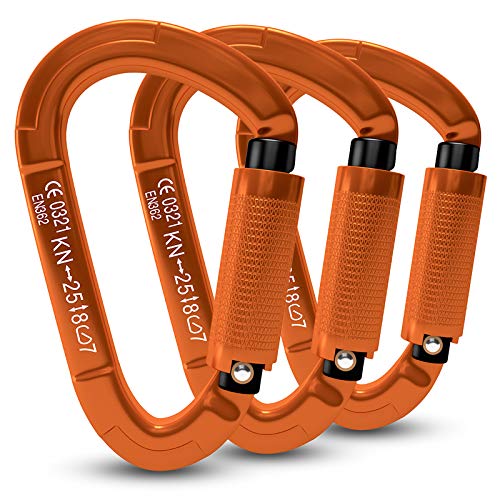 FVW 3 Pieces Heavy Duty Climbing Carabiners, 25KN UIAA Certified Auto Locking Rock Climbing Carabiners Clips for Hammocks, Swing, Locking Dog Leash and Harness, Camping, Hiking & Utility (Orange) - Image 1