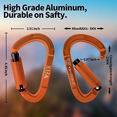 FVW 3 Pieces Heavy Duty Climbing Carabiners, 25KN UIAA Certified Auto Locking Rock Climbing Carabiners Clips for Hammocks, Swing, Locking Dog Leash and Harness, Camping, Hiking & Utility (Orange) - Image 2