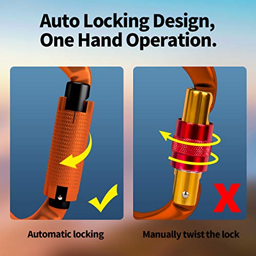 FVW 3 Pieces Heavy Duty Climbing Carabiners, 25KN UIAA Certified Auto Locking Rock Climbing Carabiners Clips for Hammocks, Swing, Locking Dog Leash and Harness, Camping, Hiking & Utility (Orange) - Image 3