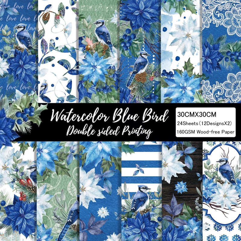 WLXTREE Blue Floral Scrapbook Paper 12x12 Double Sided - 24 Sheets Watercolor Flower Printing Decorative Craft Scrapbooking Paper Pad Junk Journal Supplies for Card Making Background Art Cottagecore Album - Image 1