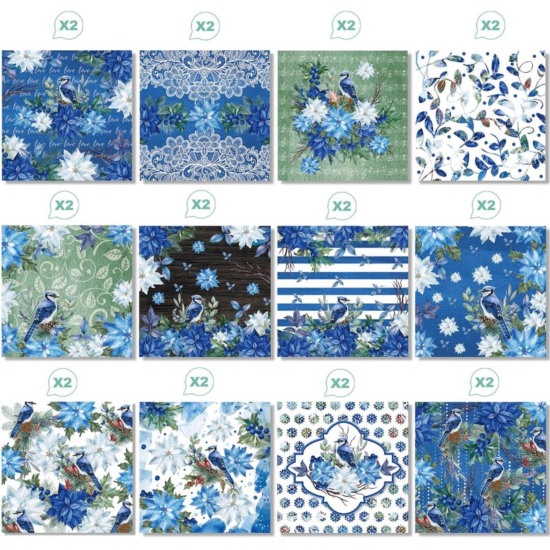 WLXTREE Blue Floral Scrapbook Paper 12x12 Double Sided - 24 Sheets Watercolor Flower Printing Decorative Craft Scrapbooking Paper Pad Junk Journal Supplies for Card Making Background Art Cottagecore Album - Image 3