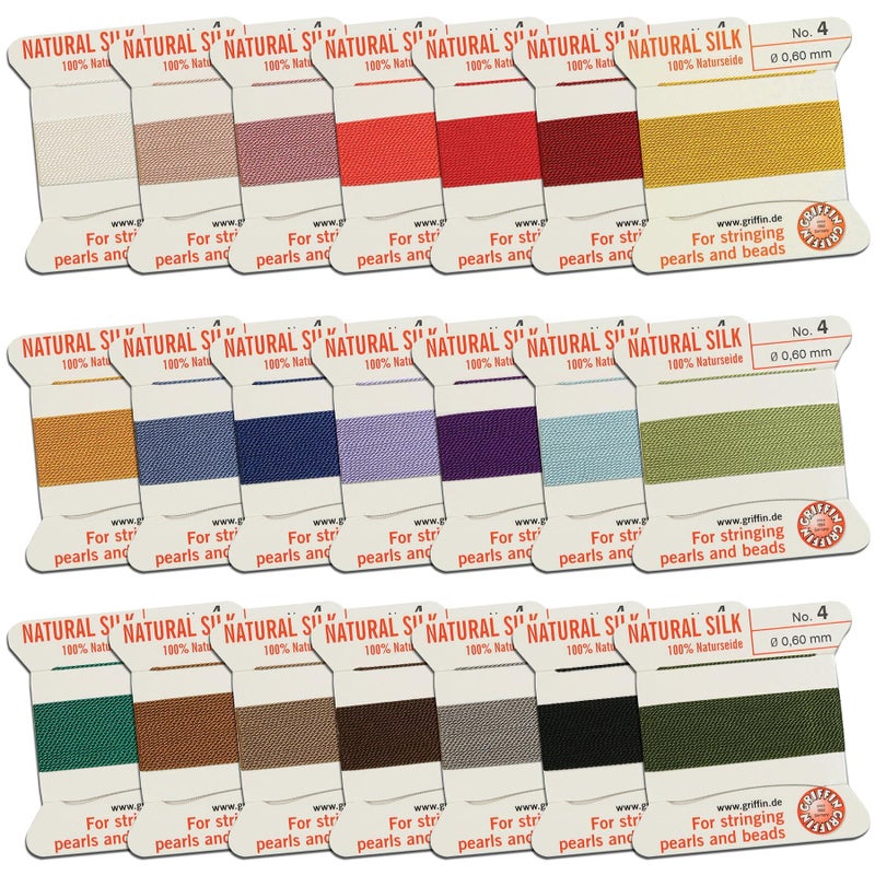 Griffin Silk Bead Cord Perlseide Size 4 060mm 21 Color Sampler 2 Meters per Card Stainless Steel Needle Attached for Knotting Pearls Gemstones Crystals and Beads
