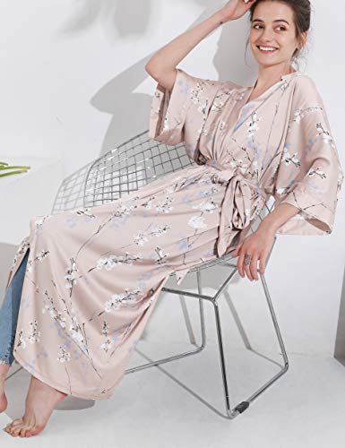 Aensso long soft silk y kimono women robes,floral dressing gown bridal party robe-Champagne - Image 4