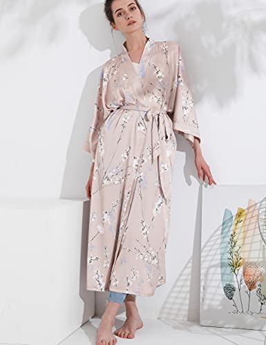 Aensso long soft silk y kimono women robes,floral dressing gown bridal party robe-Champagne - Image 3