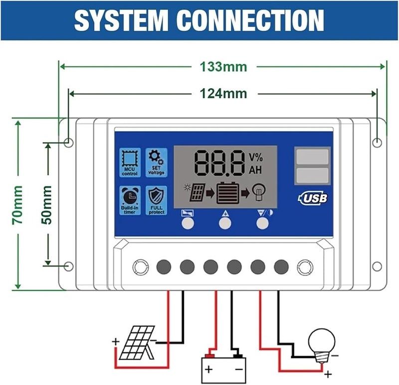 Solar Charge Controller 10A PWM Auto 12V 24V LCD Display 5V Output Blue - Image 4