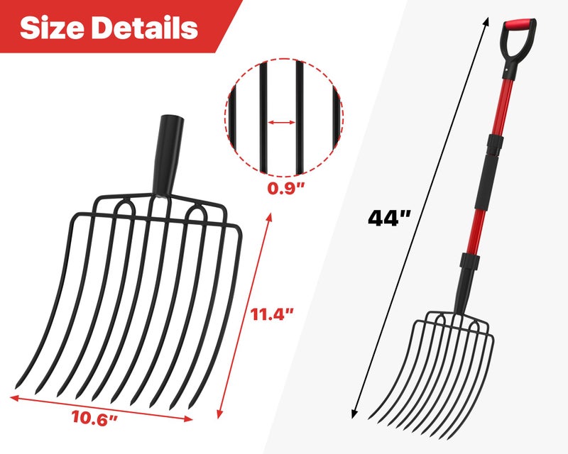 COSITA Pitch Fork for Garden, Wide Pitchfork with 10 Metal Tines, Heavy Duty Garden Fork with Fiberglass Handle 44-Inches, Chicken Coop Pitchforks for Manure, Mulching, Composting, Red - Image 2