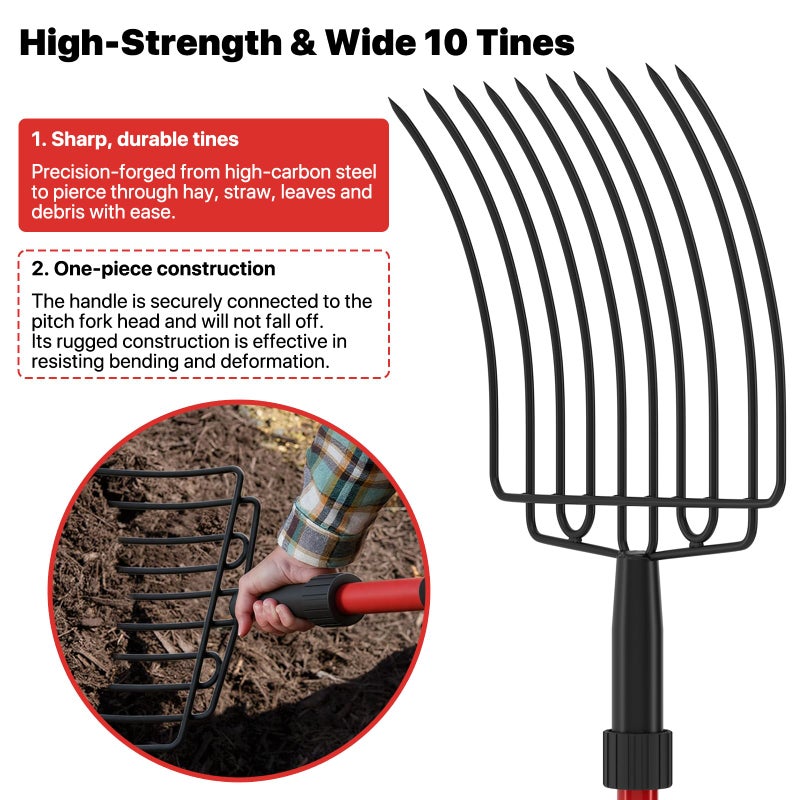 COSITA Pitch Fork for Garden, Wide Pitchfork with 10 Metal Tines, Heavy Duty Garden Fork with Fiberglass Handle 44-Inches, Chicken Coop Pitchforks for Manure, Mulching, Composting, Red - Image 4