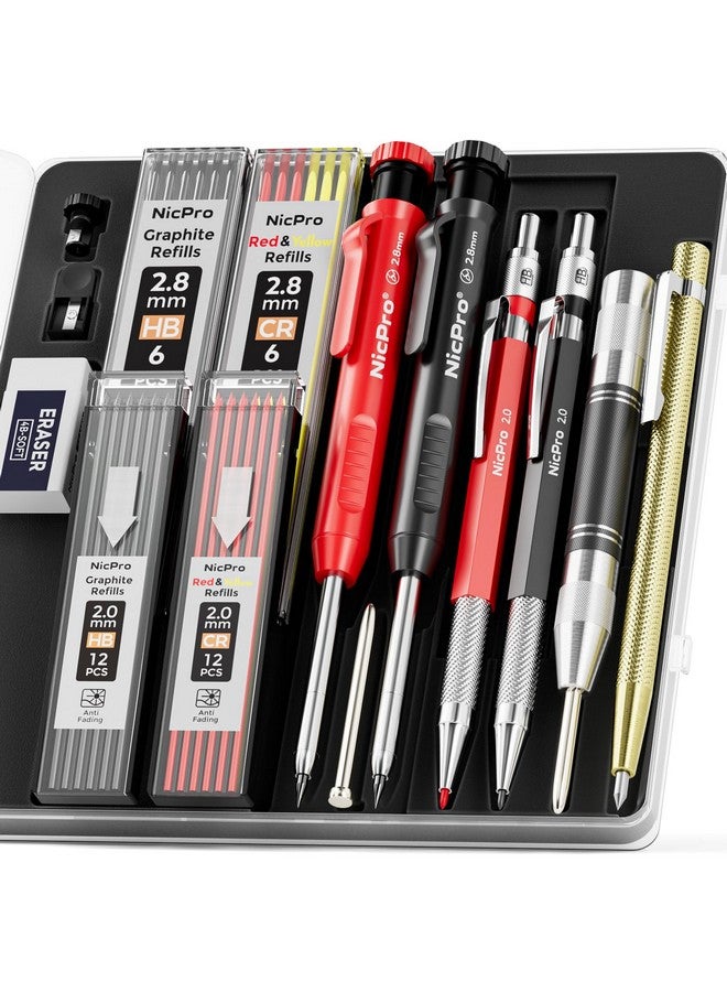 نيكبرو مجموعة أقلام رصاص نجار من نيكبرو، عبوة من 15 قطعة، مع مبراة، وأقلام رصاص نجار ميكانيكية مع 40 قلمًا إضافيًا، وثقب مركزي أوتوماتيكي، وأداة نقش من الكربيد، وقلم رصاص بناء متين للمهندسين المعماريين - مع حقيبة - Image 1